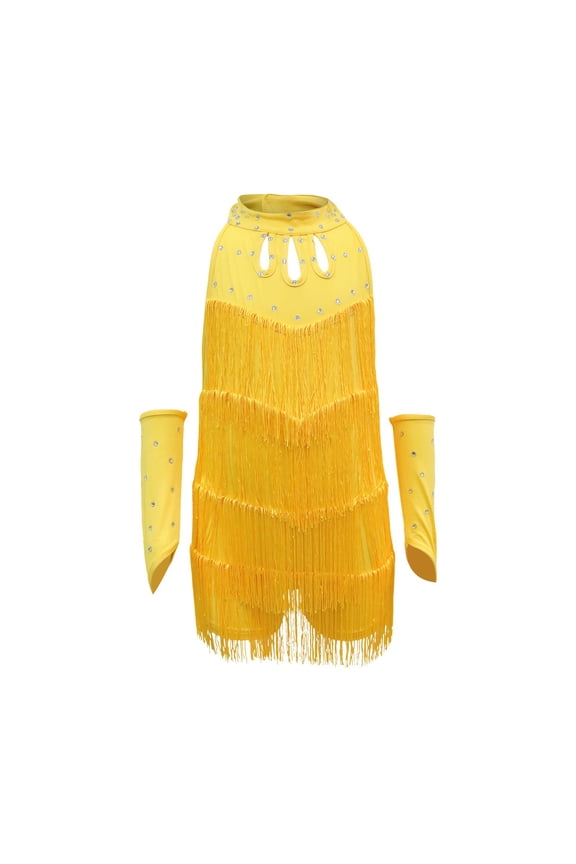 Kids Girls Latin Dance Outfits Sequin Tassel Skirt Sparkling Fringe Lace Rhinestones Tassel Halter Fringe Kids Ballroom Cha Cha Dance Party Dress with Armband