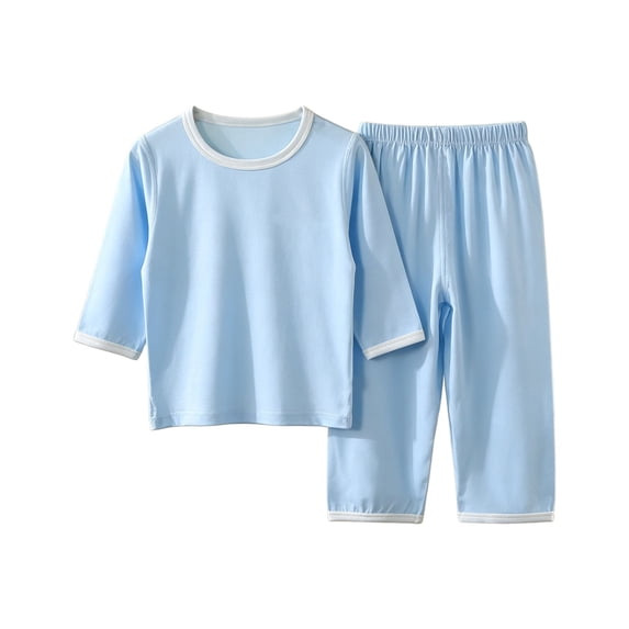 TIREOW Kids Loungewear 2 Piece Set Contrast Trim Round Neck Three Quarter Sleeve Top and Long Pants Boys and Girls Sleepwear Set