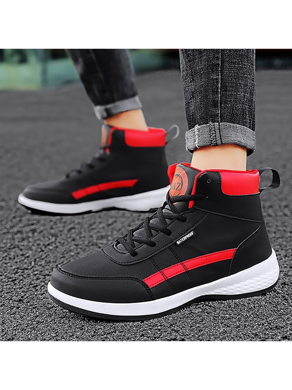 Leather High Top Platform Sneakers for Men's Ankle Boots Comfort Walking Tennis Casual Lace-Up Shoes for Outdoor Fashion Basketball Style (9.5, Red)