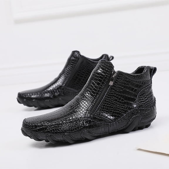 TIREOW Men's Ankle Boot Leather Print Loafers Fashion Luxury Crocodile Pattern Hand-Sewn Casual Non-Slip Side Zipper Arch Support Soft Breathable Dress Shoes