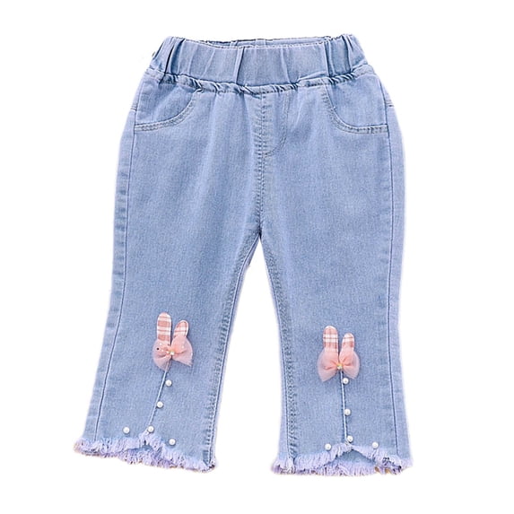 TIREOW Toddler Baby Girls Baggy Denim Pants Trendy Wide Leg Elastic High Waisted Jeans Trousers Bow Pearl Fashionable Loose Fit Casual Jeans