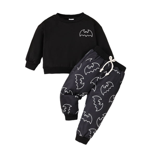 TIREOW Toddler Baby Halloween Outfit Boys Clothes Set Bat Long Sleeve Crewneck Spook Sweatshirt Top Elastic Waist Pants Set Cute Casual Fall Winter Outfit