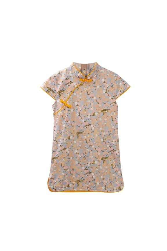 Toddler Girls Cheongsam Short Sleeve Dresses Tang Suit Dress Chinese Traditional Qipao Printed Casual Dresses