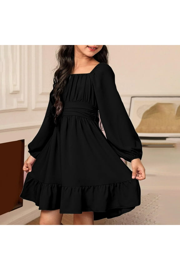 Toddler Teens Girls Long Sleeve Tie Back Dress Square Neck Lantern Sleeve Off Shoulder A-Line Casual Summer Mini Dresses Tween Fall Off Shoulder Dress