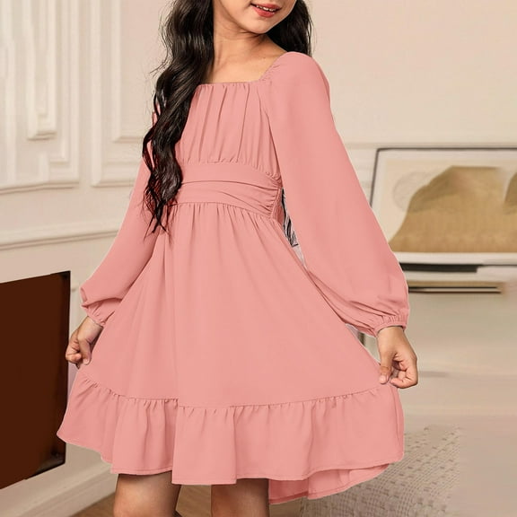 TIREOW Toddler Teens Girls Long Sleeve Tie Back Dress Square Neck Lantern Sleeve Off Shoulder A-Line Casual Summer Mini Dresses Tween Fall Off Shoulder Dress