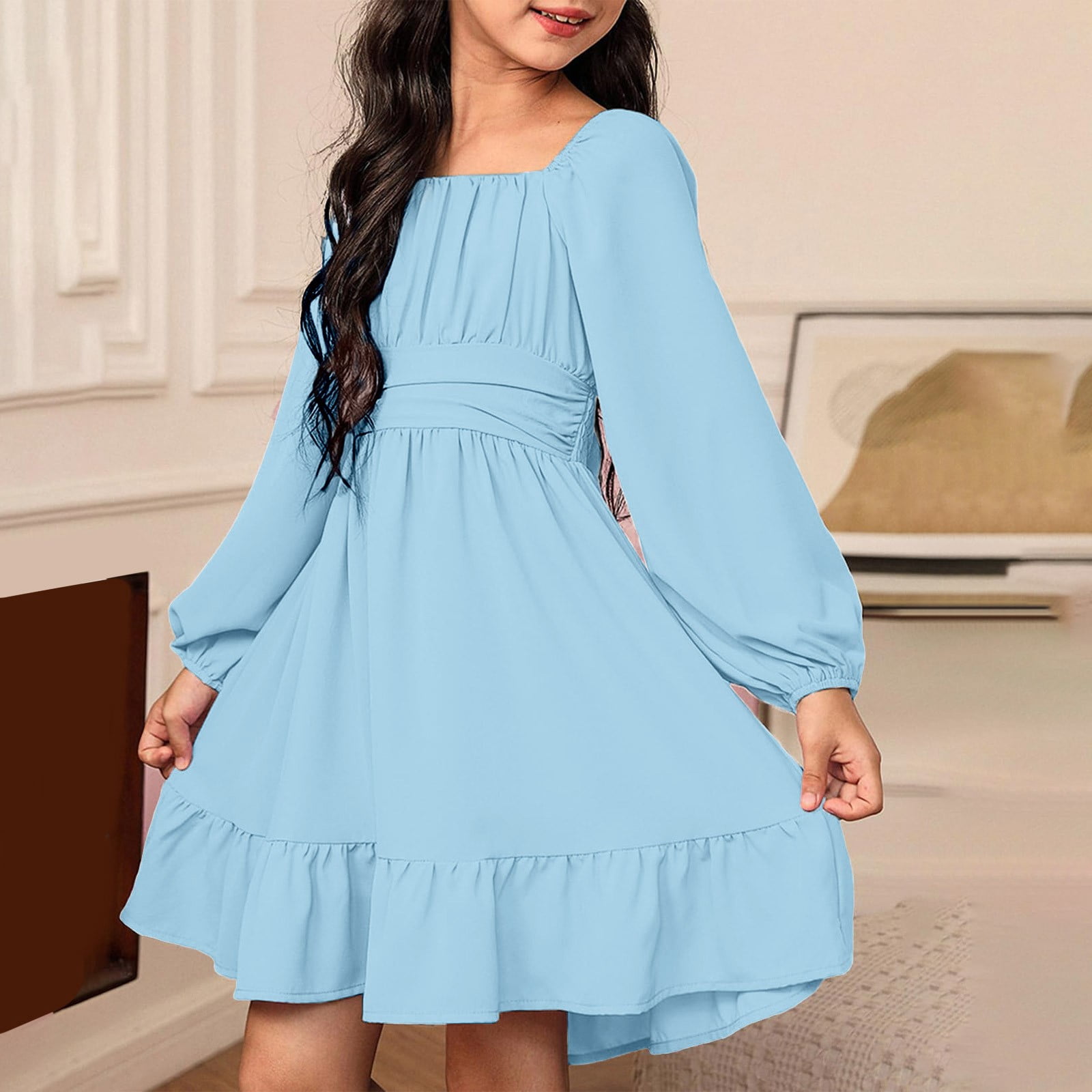 TIREOW Toddler Teens Girls Long Sleeve Tie Back Dress Square Neck Lantern Sleeve Off Shoulder A-Line Casual Summer Mini Dresses Tween Fall Off 