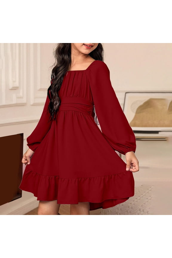 Toddler Teens Girls Long Sleeve Tie Back Dress Square Neck Lantern Sleeve Off Shoulder A-Line Casual Summer Mini Dresses Tween Fall Off Shoulder Dress