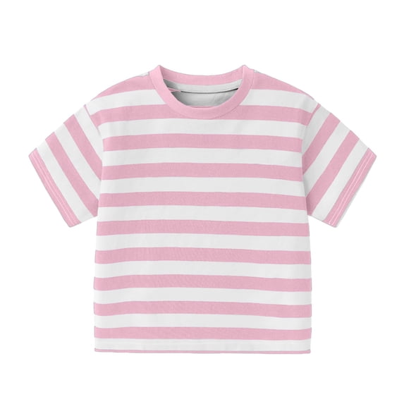 TIREOW Toddlers Short Sleeve Striped T-Shirt Casual Cotton Crewneck Tee Tops for Baby Boys Girls Soft Basic Summer Undershirts (Pink, 3-4 Years)
