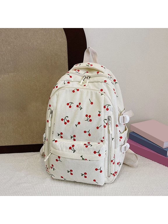 Women Cute Cherry Print Preppy Bag Large Corduroy Bookbag Aesthetic Backpack Kawaii Daypack Lightweight 17-In Laptop Bag Travel Aesthetic Backpack