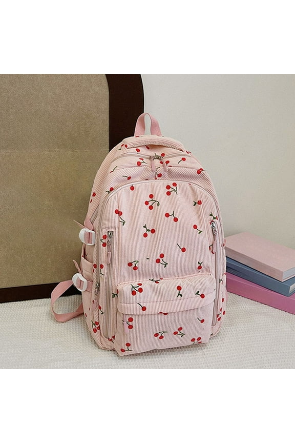 Women Cute Cherry Print Preppy Bag Large Corduroy Bookbag Aesthetic Backpack Kawaii Daypack Lightweight 17-In Laptop Bag Travel Aesthetic Backpack