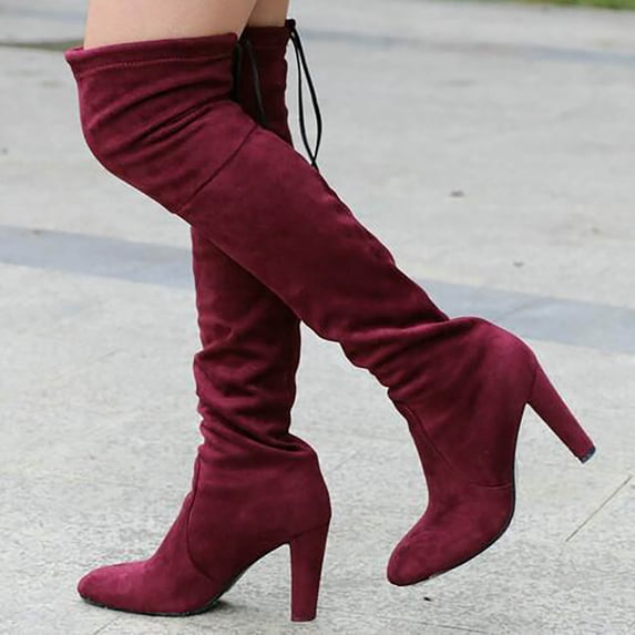 TIREOW Women's Over The Knee Suede Boots Sexy Pointed Toe Solid Color Thigh High Chunky High Heel Boot Pull On Stretchy Long Boots Zipper Lace Up Long Boots
