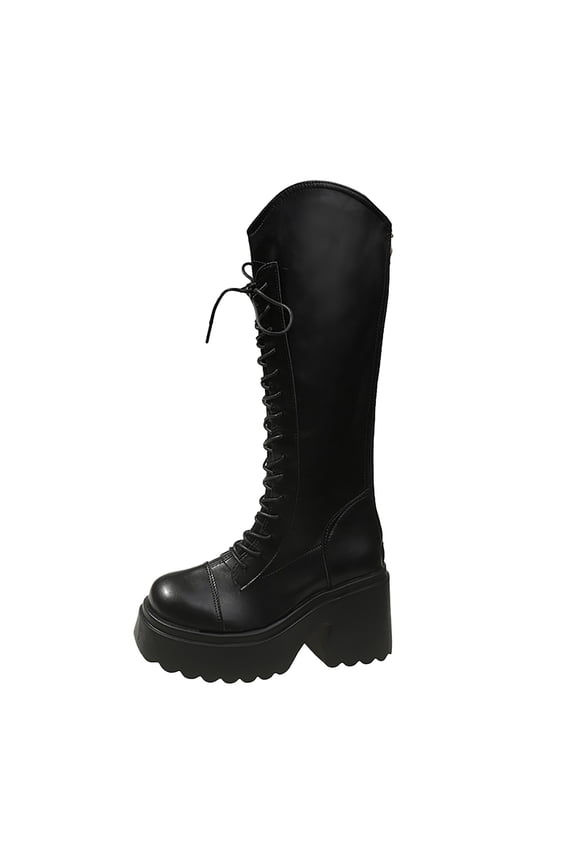 Womens Knee High Platform Mid Calf Wedges Boots Lace Up Lug Sole Boots Chunky High Heel Round-Toe Side Zip Punk Fashion Combat Boots(Black,Brown )