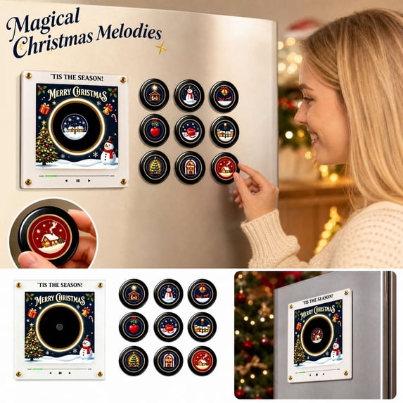 TIS THE SEASON Christmas NFC Magnetic Fridge Music Box with Night Light, MERRY CHRISTMAS Acrylic Refrigerator Magnet Player, 9 Rotatable Decor Discs, USB‑Rechargeable Holiday Decor & Gift