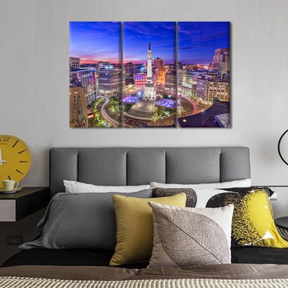 TISHIRON 3PCS Framed Canvas Wall Art Set,36"x24" Indianapolis City Skyline Panorama at Dusk Canvas Art Decor
