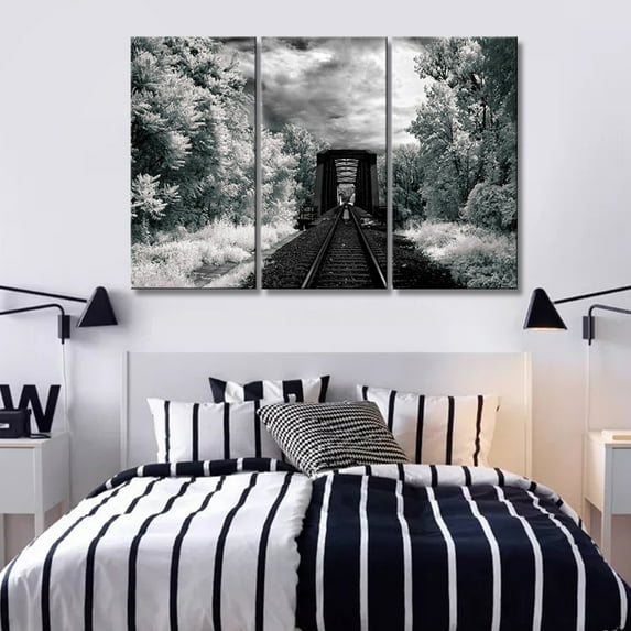 TISHIRON 3PCS Framed Canvas Wall Art Set,60"x40" Black and White Vintage Railway Canvas Art Decor