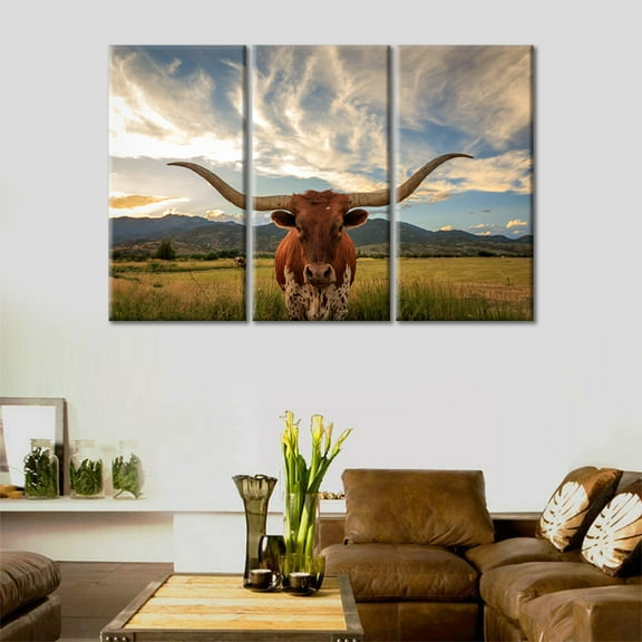 TISHIRON 3PCS Framed Canvas Wall Art Set,60"x40" Longhorn Steer in Rural Canvas Art Decor