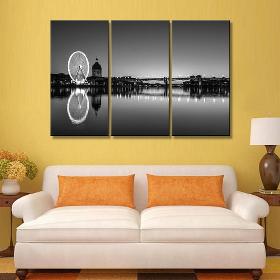 TISHIRON 3PCS Framed Canvas Wall Art Set,60"x40" Nightly Panorama of The Garonne River Canvas Art Decor