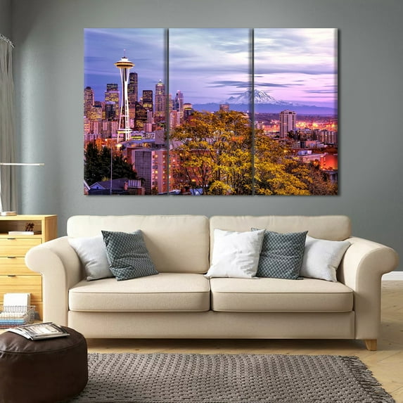 TISHIRON 3PCS Framed Canvas Wall Art Set,60"x40" Seattle City Skyline Panorama at Dusk Canvas Art Decor