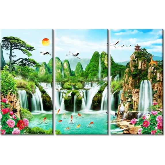 TISHIRON 3PCS Framed Waterfall Landscape Theme Canvas Wall Art Set,42"x28" Waterfall and Flowing Landscape Canvas Art Decor