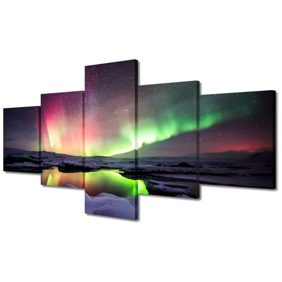 TISHIRON 5PCS Framed Aurora Borealis Landscape Theme Canvas Wall Art Set,50"x24" Jokulsarlon lagoon Aurora Wall Canvas Art Decor