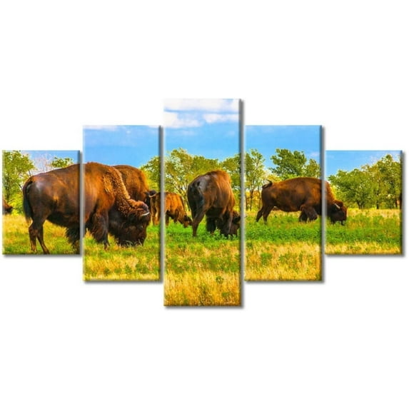 TISHIRON 5PCS Framed Bison Theme Canvas Wall Art Set,60"x32" Herd of Bison Wall Canvas Art Decor