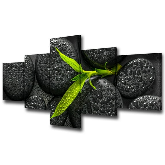 TISHIRON 5PCS Framed Canvas Wall Art Set,50"x24" Black Zen Stone Green Branch Canvas Art Decor