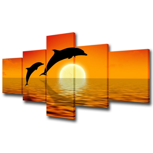 TISHIRON 5PCS Framed Canvas Wall Art Set,50"x24" Dolphin Jump at Sunrise Canvas Art Decor