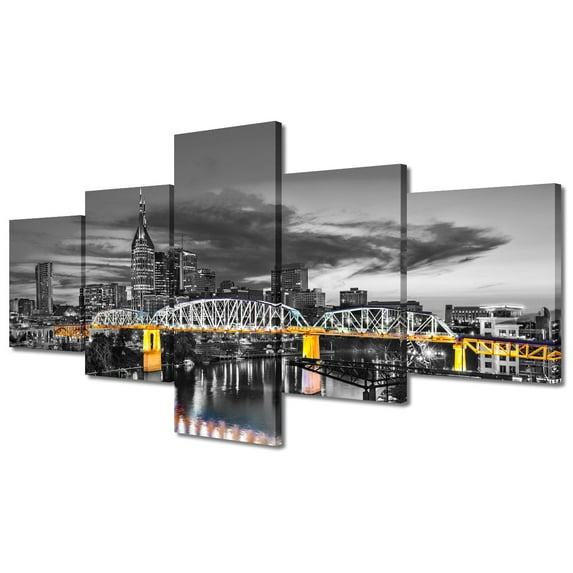 TISHIRON 5PCS Framed Canvas Wall Art Set,50"x24" Nashville Tennessee Panoramic Cityscape Canvas Art Decor