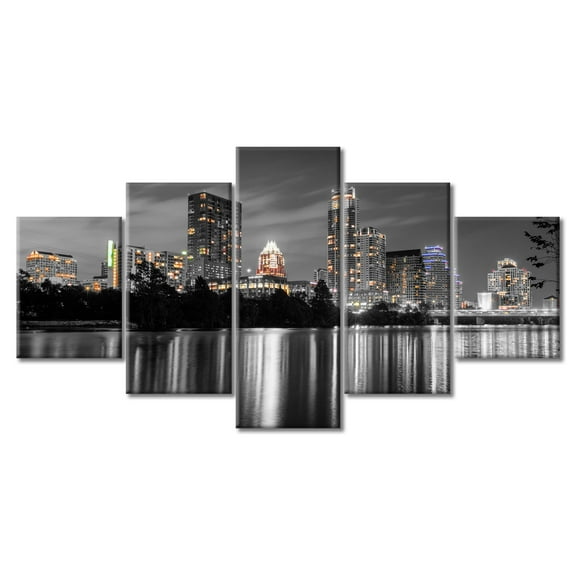 TISHIRON 5PCS Framed Canvas Wall Art Set,60"x32" Austin Panorama Cityscape Canvas Art Decor