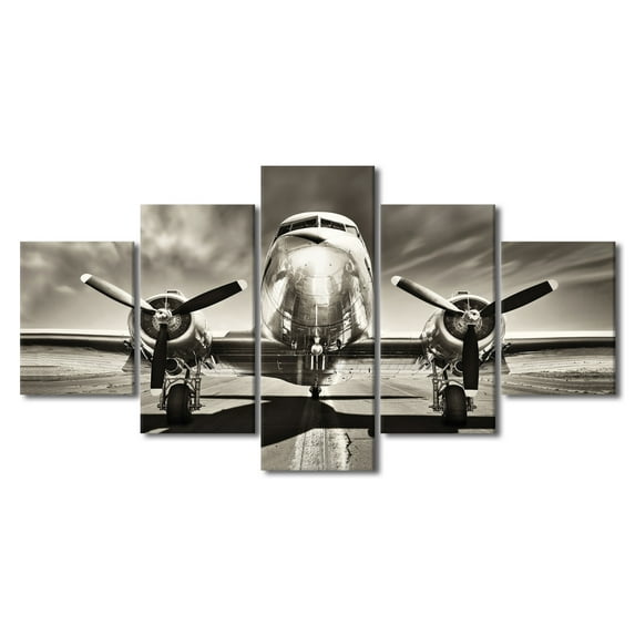 TISHIRON 5PCS Framed Canvas Wall Art Set,60"x32" Black and White Vintage Airplane Canvas Art Decor