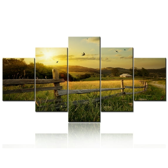 TISHIRON 5PCS Framed Canvas Wall Art Set,60"x32" Rural Field and Grass Canvas Art Decor