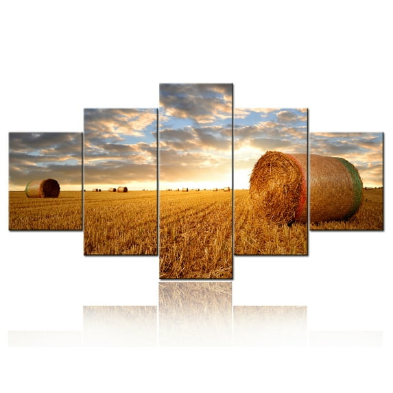 TISHIRON 5PCS Framed Canvas Wall Art Set,60"x32" Straw Bales in The Sunset Canvas Art Decor