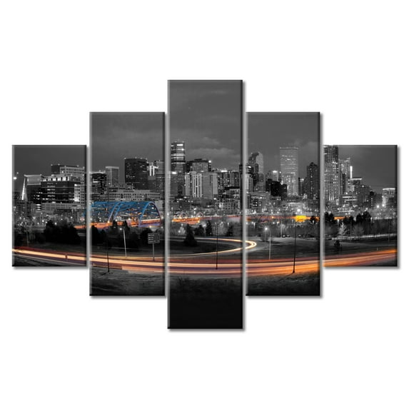 TISHIRON 5PCS Framed Canvas Wall Art Set,60"x40" Night Panoramic Cityscape Canvas Art Decor