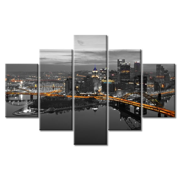 TISHIRON 5PCS Framed Canvas Wall Art Set,60"x40" Pittsburgh Pennsylvania Night Panoramic Canvas Art Decor