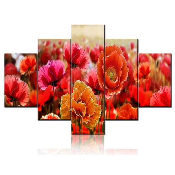 TISHIRON 5PCS Framed Canvas Wall Art Set,60"x40" Red Flowers Field Canvas Art Decor