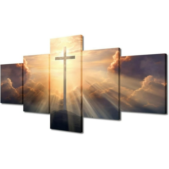 TISHIRON 5PCS Framed Christian Theme Canvas Wall Art Set,50"x24" Jesus Crucifix Dawn Dawns Wall Canvas Art Decor