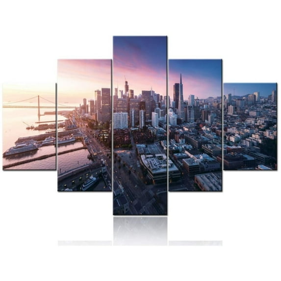 TISHIRON 5PCS Framed City Canvas Wall Art Set,50"x24" American City Landscape Canvas Art Decor