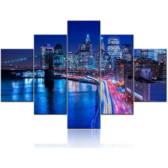 TISHIRON 5PCS Framed City Canvas Wall Art Set,60"x32" New York Night Cityscape Canvas Art Decor