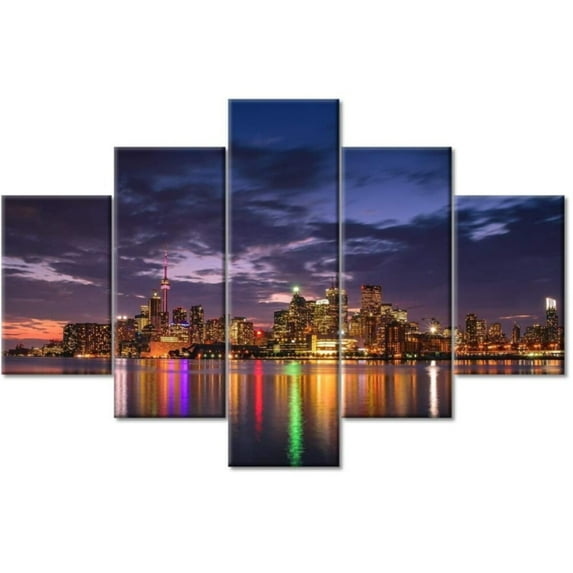TISHIRON 5PCS Framed City Theme Canvas Wall Art Set,50"x24" Ontario Night Cityscape Wall Canvas Art Decor