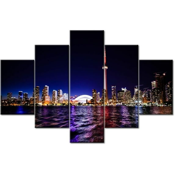 TISHIRON 5PCS Framed City Theme Canvas Wall Art Set,60"x40" Modern City Night Landscape Wall Canvas Art Decor