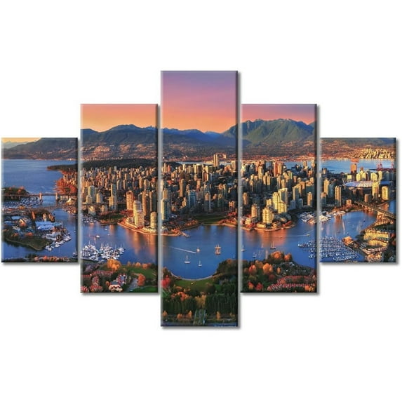 TISHIRON 5PCS Framed City Theme Canvas Wall Art Set,60"x40" Vancouver Skyline Landscape Wall Canvas Art Decor