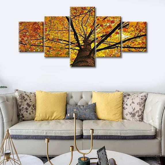 TISHIRON 5PCS Framed Fall Scenery Theme Canvas Wall Art Set,50"x24" Fall Maple Forest Wall Canvas Art Decor