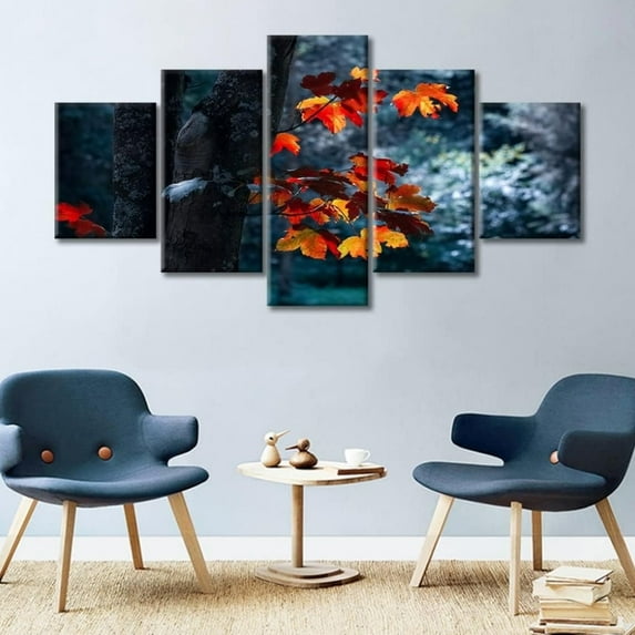 TISHIRON 5PCS Framed Fall Scenery Theme Canvas Wall Art Set,60"x32" Maple Tree Forest Wall Canvas Art Decor