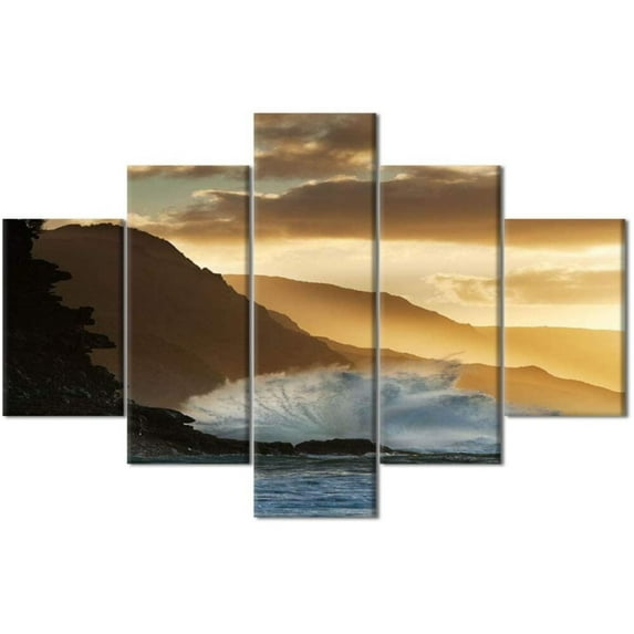 TISHIRON 5PCS Framed Landscape Theme Canvas Wall Art Set,60"x40" Surf Smashing Into Coast Landscape Wall Canvas Art Decor