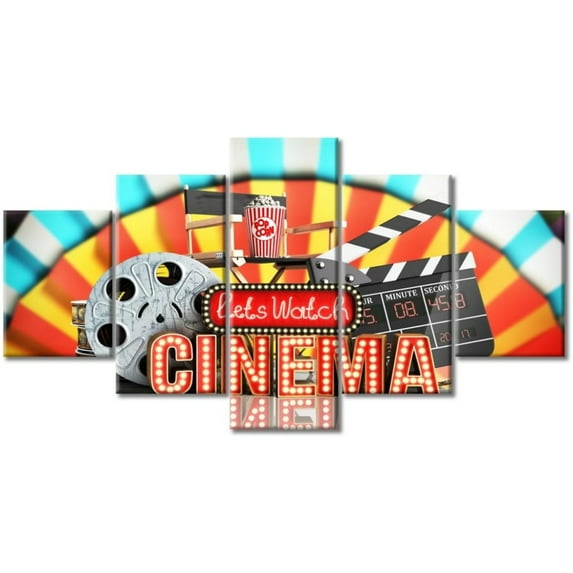 TISHIRON 5PCS Framed Movie Theater Theme Canvas Wall Art Set,60"x32" Movie Theater Media Scene Wall Canvas Art Decor
