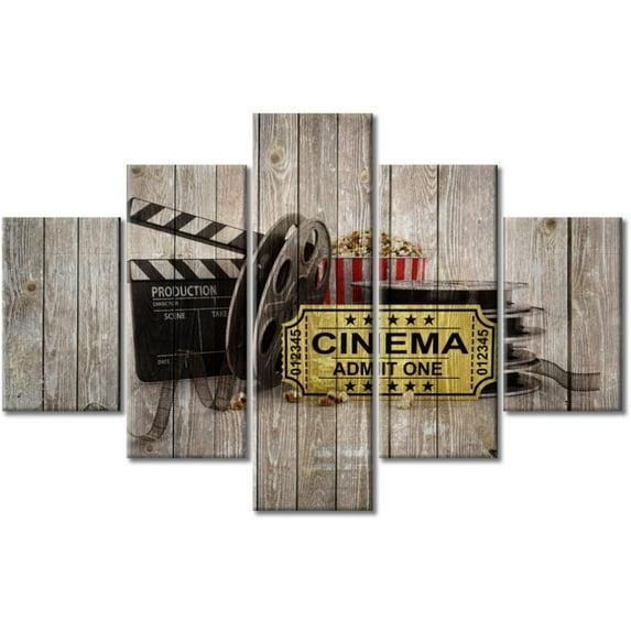TISHIRON 5PCS Framed Movie Theater Theme Canvas Wall Art Set,60"x40" Film Reels Tickets and Clapper Board Wall Canvas Art Decor
