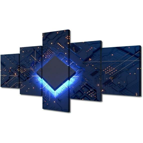 TISHIRON 5PCS Framed Technology Theme Canvas Wall Art Set,50"x24" Computer Chip Wall Canvas Art Decor