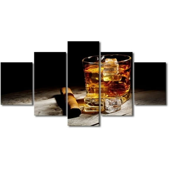 TISHIRON 5PCS Framed Whiskey Theme Canvas Wall Art Set,60"x32" Ice Cubes Whisky and Cigar Wall Canvas Art Decor