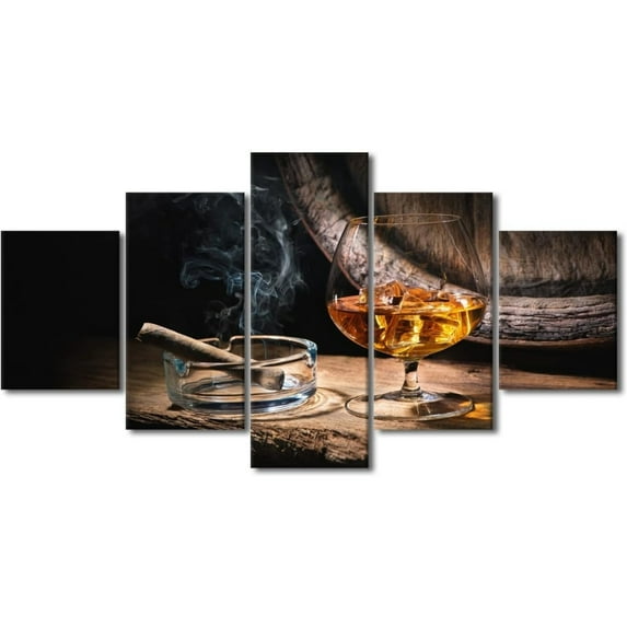 TISHIRON 5PCS Framed Whiskey Theme Canvas Wall Art Set,60"x32" Ice Whiskey and Cigar Oak Barrel Wall Canvas Art Decor