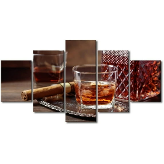 TISHIRON 5PCS Framed Whiskey Theme Canvas Wall Art Set,60"x32" Whiskey With Ice and Cigar Wall Canvas Art Decor